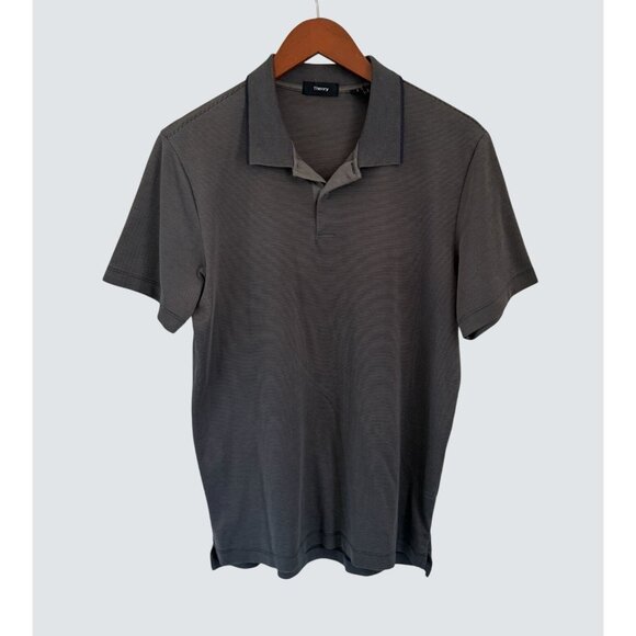 Theory Mens Gray Green Striped Polo Shirt Lightweight Breathable Comfort Size M - Picture 2 of 9